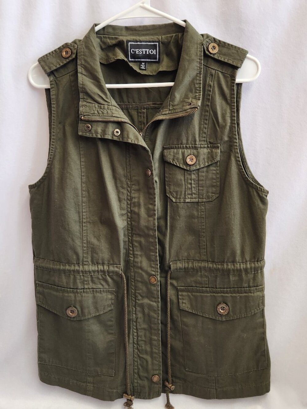 C'Esttoi Womens Cargo Vest Army Green Snap and Zip Up Cinch Waist Size M 100% C